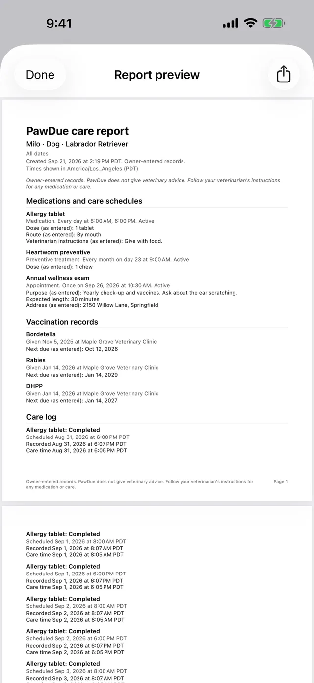 A PDF care report ready to share with a veterinarian